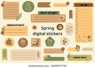 Blank floral digital stickers. Spring stickers. Digital note papers and stickers for bullet journaling or planning. Digital planner stickers. Vector art.