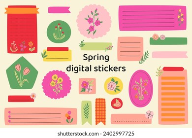Blank floral digital stickers. Spring stickers. Digital note papers and stickers for bullet journaling or planning. Digital planner stickers. Vector art.