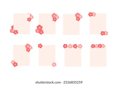 Blank floral note paper collection.  Aesthetic pink flower paper for text. Flat decorative vector design isolated illustration.