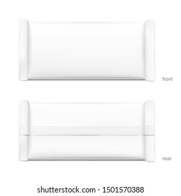 Blank flow pack isolated on white background. Front and side view. Realistic vector illustration. Template ready for your design. It can be use for presentation packaging, promo, adv and etc.