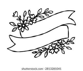 Blank flowing ribbon banner surrounded by flowers, leaves and small hearts in a clean outline style for romantic wedding celebrations with elegant charm. Vector illustration.