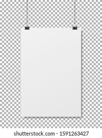 Blank flyer poster mockup. Realistic hanging blank paper mockup. White poster on transparent background. Vector illustration.