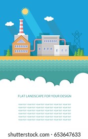 Blank flyer for text. Industrial in flat style a vector. Plant or Factory Building. road tree window facade Manufacturing. Eco style. City landscape. background illustration Infographics