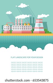 Blank flyer for text. Nuclear power plant and factory. Atom, radiation energy industrial concept, station background. Environmental theme. Flat Vector background illustration