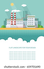 Blank flyer for text. Plant for the extraction and processing of oil and gas. storage in tanks and barrels. Vector Infographic  flat style