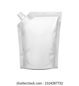 Blank Foil Bag Food Or Drink Flexible Pouch Packaging With Corner Spout Lid. Illustration Isolated On White Background. Mock Up Template Ready For Your Design. Product Packing Vector EPS10