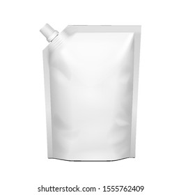 Blank Foil Bag Food Or Drink Flexible Pouch Packaging With Corner Spout Lid. Illustration Isolated On White Background. Mock Up Template Ready For Your Design. Product Packing Vector EPS10