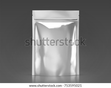 Blank foil bag mockup, silver package for design uses in 3d illustration