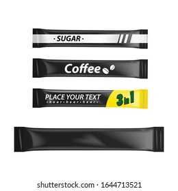 Blank foil bag set packaging for food, sugar, coffee, salt, pepper, seasoning, Vector black plastic pack mock up for your design