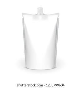 Blank foil food pack on white. Food bag package template product. Food foil paper or plastic package design.