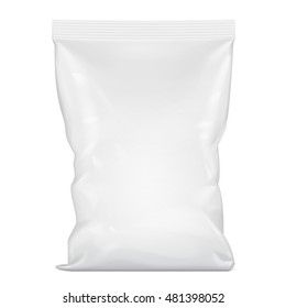 Blank Foil Food Stand Up Pouch Snack Sachet Bag Packaging. Illustration Isolated On White Background. Mock Up Template Ready For Your Design. Vector EPS10