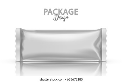 Blank foil package design, food container mockup template in 3d illustration in silver color