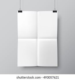 Blank folded paper list hanging on two pins. Poster mock-up template