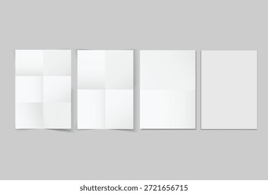 Leeres gefaltetes Papier, einzeln auf neutralem Hintergrund, minimale Vorlagen für Schreibwaren mit verschiedenen Faltstilen für Broschüre, Faltblatt, Flyer, Dokumentendesign, Drucklayout und Kopienraum.