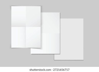 Leeres gefaltetes Papier, einzeln auf neutralem Hintergrund, minimale Vorlagen für Schreibwaren mit verschiedenen Faltstilen für Broschüre, Faltblatt, Flyer, Dokumentendesign, Drucklayout und Kopienraum.