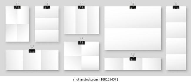 Blank folded paper sheets with binder clips. White notebook or book page and metal holder. Design template or mockup. Vector illustration.