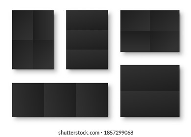 Blank folded paper sheets collection. Black notebook or book page. Design template or mockup. Vector illustration.