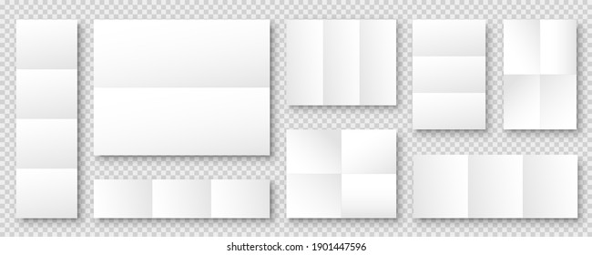 Blank folded paper sheets collection. White notebook or book page. Design template or mockup. Vector illustration.