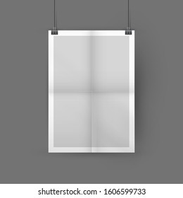 Blank folded vector poster mockup hanging on binder, placed in interior. Grey wall and paper sheet folded in four. Layout, vertical template. Soft shadows.
