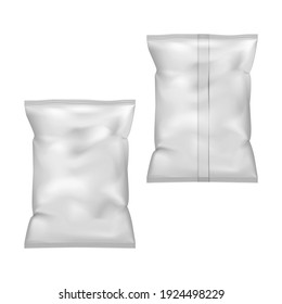 Blank food snack pillow bag - front and back, vector mock-up. Realistic crumpled plastic pouch pack isolated on white background, mockup. Template for design. - Shutterstock ID 1924498229