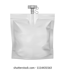 Blank Food Stand Up Flexible Pouch Snack Sachet Bag With Spout Lid. Mock Up, Template. Illustration Isolated On White Background. Ready For Your Design. Product Packaging. Vector EPS10