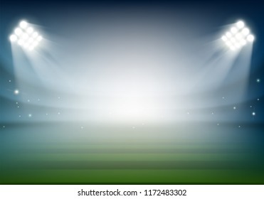 Blank football field on the stadium. Sports background illuminated by searchlights. Stock vector illustration.
