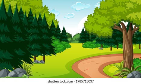 Blank forest at daytime scene with various forest trees  illustration