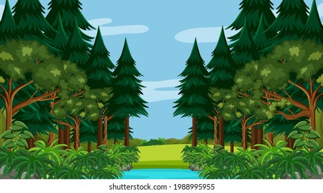 Blank forest at daytime scene with various forest trees  illustration
