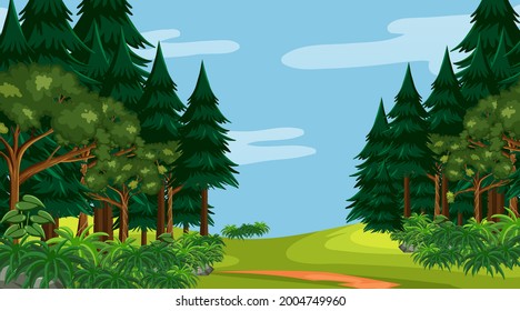 Blank forest at daytime scene with various forest trees  illustration