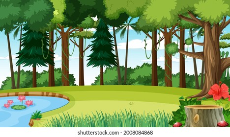 Blank forest at daytime scene with various forest trees illustration