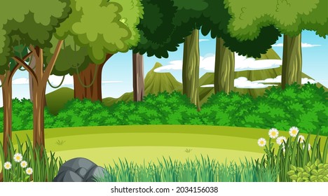 Bosque en blanco en la escena diurna con varias ilustraciones de árboles forestales