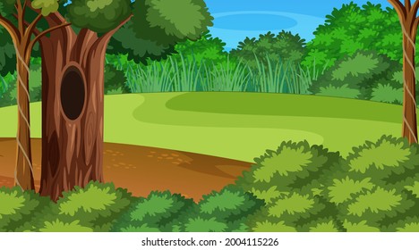 Escena de bosque en blanco con varias ilustraciones de árboles forestales