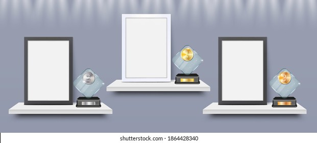 Blank frame and acrylic glass trophy award on shelf mockup set, vector isolated illustration. Certificate, diploma frame and first, second, third place prize plaque templates.