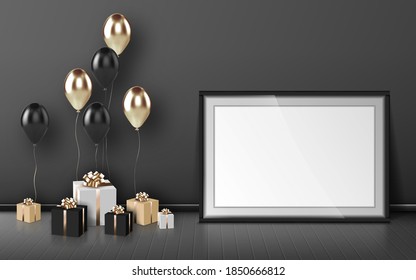 Blank frame, balloons and wrapped gift boxes of gold and black colors on grey wall background. Birthday congratulation, empty border and presents on wooden floor in room, Realistic 3d vector mockup