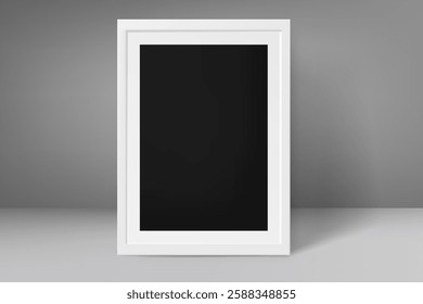 Blank frame with black paper in grey interior. 3d vector mockup