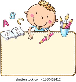 Blank frame with a cute schoolkid and copy space, colorful illustration