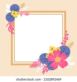Blank Frame Decorated With Abstract Modernized Forms Flowers And Foliage. Empty Modern Border Surrounded By Multicolored Line Symbols Organized Pleasantly.
