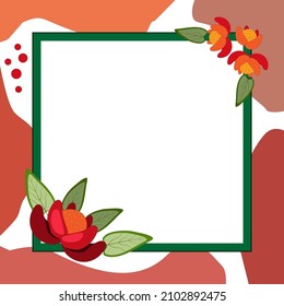 Blank Frame Decorated With Abstract Modernized Forms Flowers And Foliage. Empty Modern Border Surrounded By Multicolored Line Symbols Organized Pleasantly.