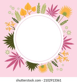 Blank Frame Decorated With Abstract Modernized Forms Flowers And Foliage. Empty Modern Border Surrounded By Multicolored Line Symbols Organized Pleasantly.