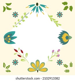 Blank Frame Decorated With Abstract Modernized Forms Flowers And Foliage. Empty Modern Border Surrounded By Multicolored Line Symbols Organized Pleasantly.