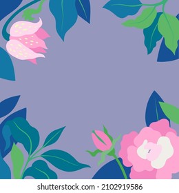Blank Frame Decorated With Abstract Modernized Forms Flowers And Foliage. Empty Modern Border Surrounded By Multicolored Line Symbols Organized Pleasantly.