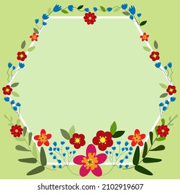 Blank Frame Decorated With Abstract Modernized Forms Flowers And Foliage. Empty Modern Border Surrounded By Multicolored Line Symbols Organized Pleasantly.
