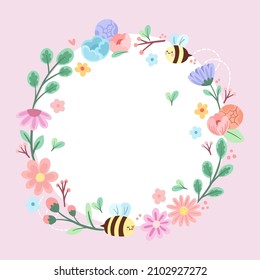 Marco En Blanco Decorado Con Flores Y Foliage De Formas Modernizadas Abstractas. Borde Moderno Vacío Rodeado De Símbolos De Línea Multicolores Organizados Agradablemente.