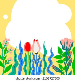 Blank Frame Decorated With Abstract Modernized Forms Flowers And Foliage. Empty Modern Border Surrounded By Multicolored Line Symbols Organized Pleasantly.
