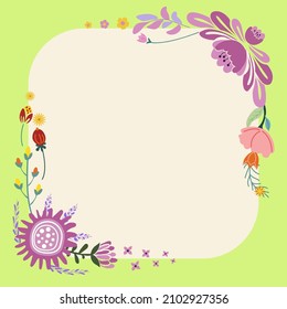 Blank Frame Decorated With Abstract Modernized Forms Flowers And Foliage. Empty Modern Border Surrounded By Multicolored Line Symbols Organized Pleasantly.