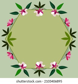 Blank Frame Decorated With Abstract Modernized Forms Flowers And Foliage. Empty Modern Border Surrounded By Multicolored Line Symbols Organized Pleasantly.