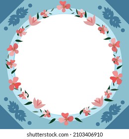 Blank Frame Decorated With Abstract Modernized Forms Flowers And Foliage. Empty Modern Border Surrounded By Multicolored Line Symbols Organized Pleasantly.