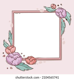 Blank Frame Decorated With Abstract Modernized Forms Flowers And Foliage. Empty Modern Border Surrounded By Multicolored Line Symbols Organized Pleasantly.