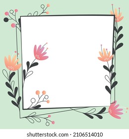 Blank Frame Decorated With Abstract Modernized Forms Flowers And Foliage. Empty Modern Border Surrounded By Multicolored Line Symbols Organized Pleasantly.