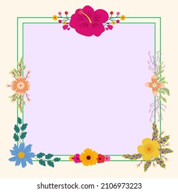 Blank Frame Decorated With Abstract Modernized Forms Flowers And Foliage. Empty Modern Border Surrounded By Multicolored Line Symbols Organized Pleasantly.